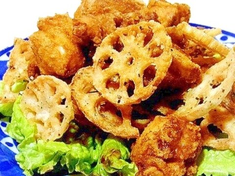 鶏のから揚げと蓮根チップスの盛り合わせ